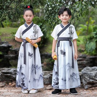夏季短袖男童汉服中国风小男孩古风武侠剑客儿童古装演出学生套装