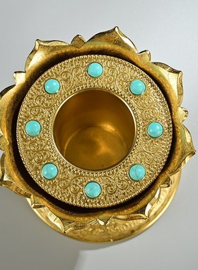 手摇转动底座纯铜莲花八吉祥西藏转筒桶底托雕花家居书桌摆件