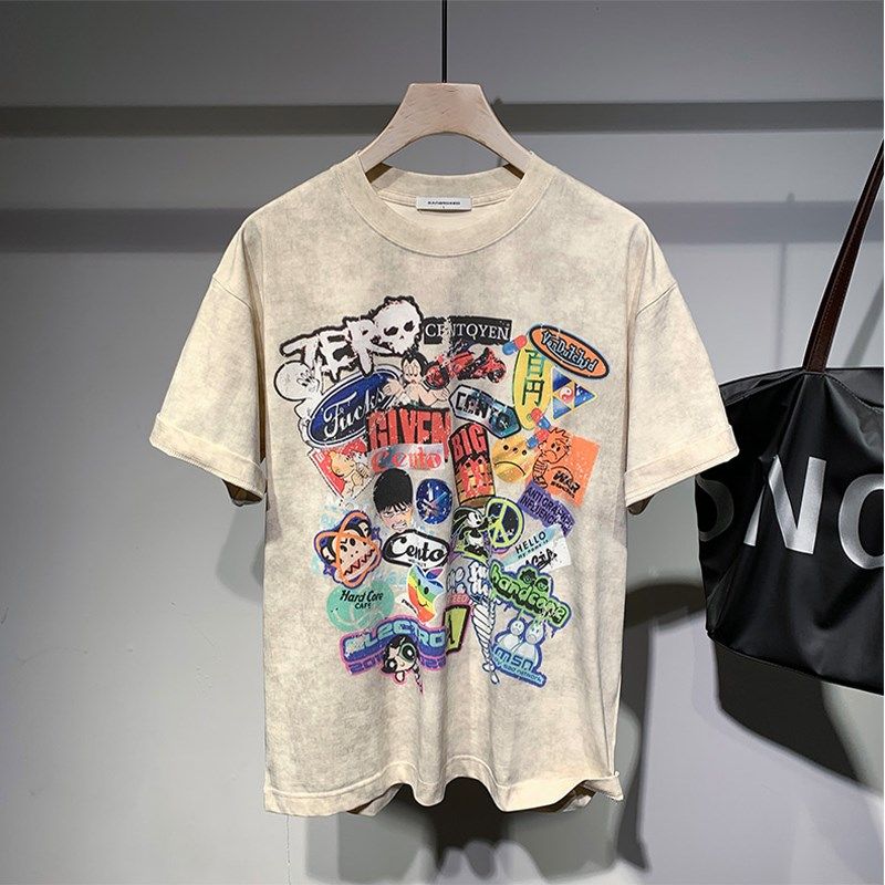 2024新款日系扎染做旧动漫卡通印花短袖T恤男夏季宽松个性体恤衫,男装,T恤,淘宝优惠券,粉丝福利购,淘宝优惠卷