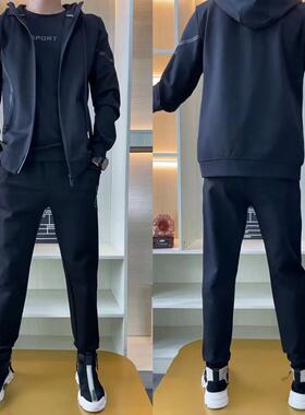 T819春秋新款男士时尚洋气休闲连帽外套长裤衬衫三件套运动套装帅