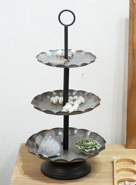 美式复古铁艺三层托盘工业风客厅花园装饰摆件香薰首饰展示收纳盘