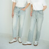 浅水蓝 女士九分水洗牛仔裤 白色毛边直筒裤 春夏法棍裤 女装