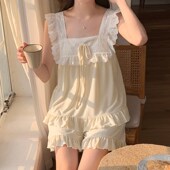 吊带b睡衣女夏季 2024新款 甜美公主小飞袖 韩版 提花棉短裤 家居服套