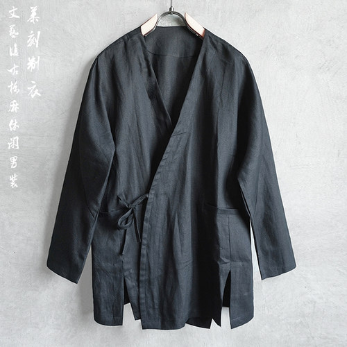 初秋季男士亚麻汉服上衣中式复古潮流道袍文艺宽松薄外套纯色麻料