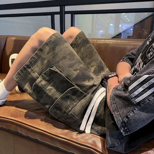 水洗做旧迷彩五分牛仔短裤男夏季外穿美式复古潮牌大口袋工装裤子