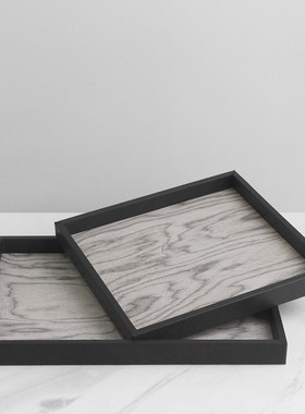 现代轻奢竹编布艺灰色木纹方形香薰托盘创意样板间桌面收纳摆件