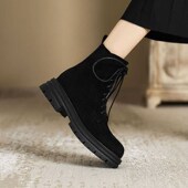 系带马丁靴厚底短靴女磨砂大码 英伦风圆头小个Q子女靴粗跟秋季 单