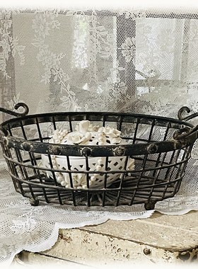 孤品 法式厚铁复古做旧铁线篮 收纳筐 怀旧摆件 三款可选