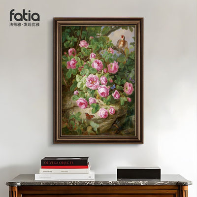 美式竖版玄关挂画欧式走廊轻奢大气壁画牡丹花油画花开富贵装饰画