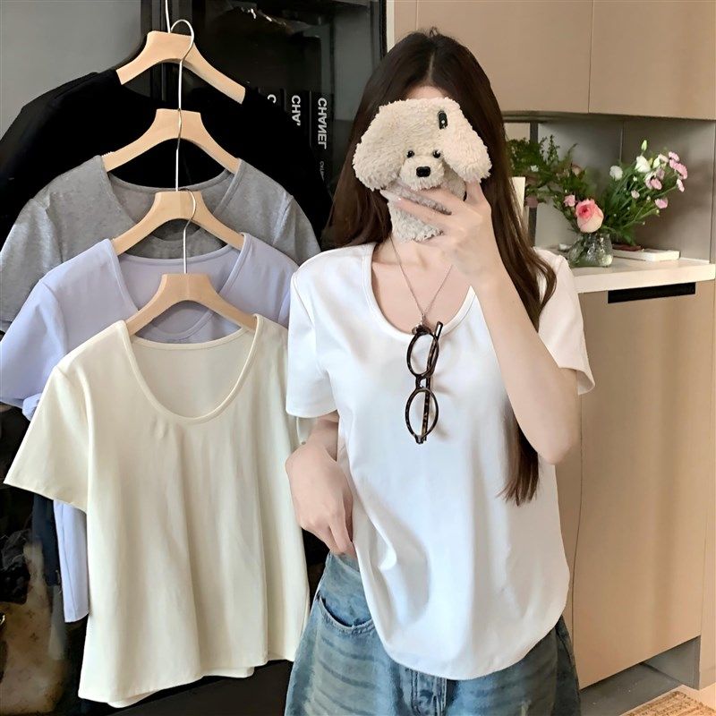 大码气质V领纯色哺乳装外出短袖T恤宽松显瘦休闲风产后喂奶上衣夏