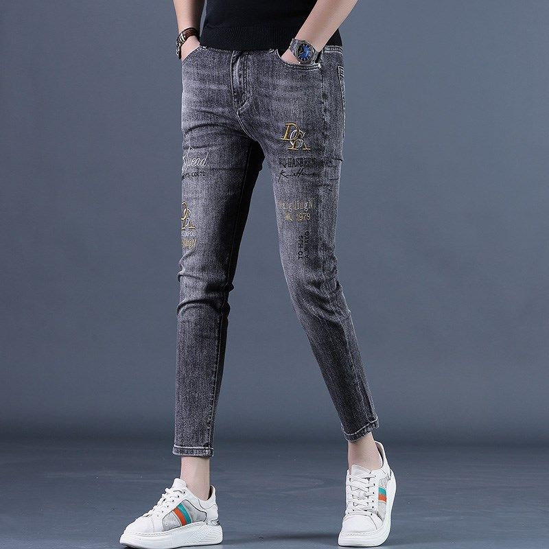 2025新款夏季薄烟灰色刺绣九分牛仔裤男修身小脚休闲男士9分裤子