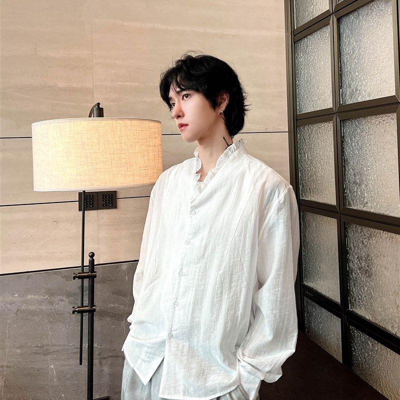 子上男装 法式复古宫廷风褶皱木耳边V领衬衫男小众高级感宽松上衣