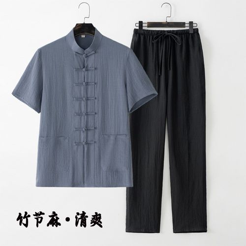 唐装男短袖套装夏季薄款中老年短袖中式盘扣竹节麻两件套居家服