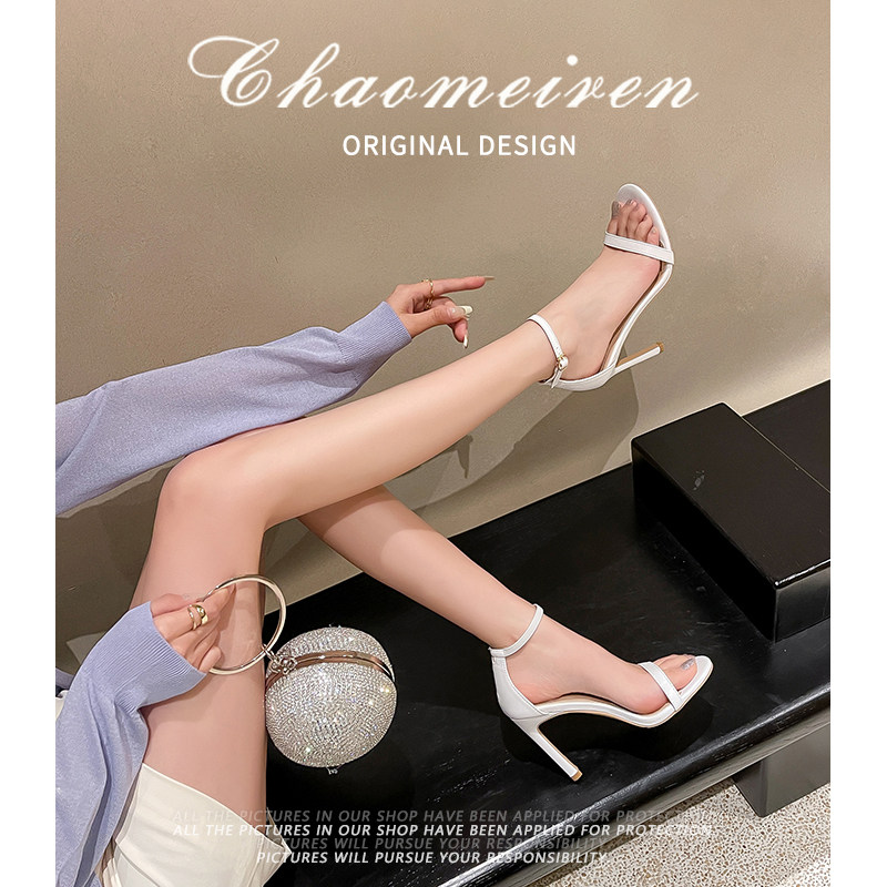 真皮一字带凉鞋女2023年新款夏季时尚黑色高跟鞋细跟仙女风时装鞋