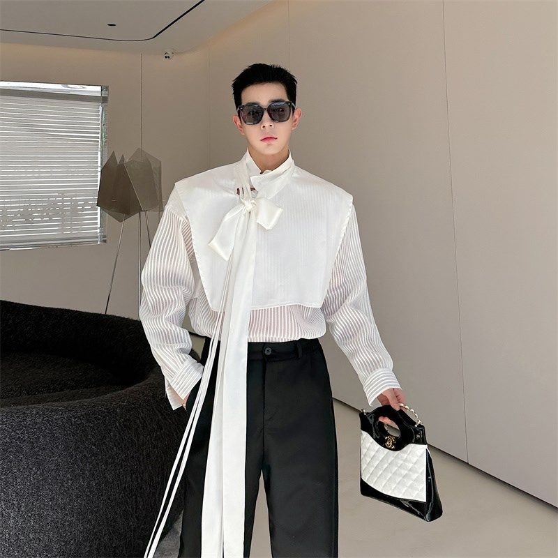 春夏网纱拼接假两件设计感衬衫男长袖时尚镂空飘带小众休闲衬衣潮