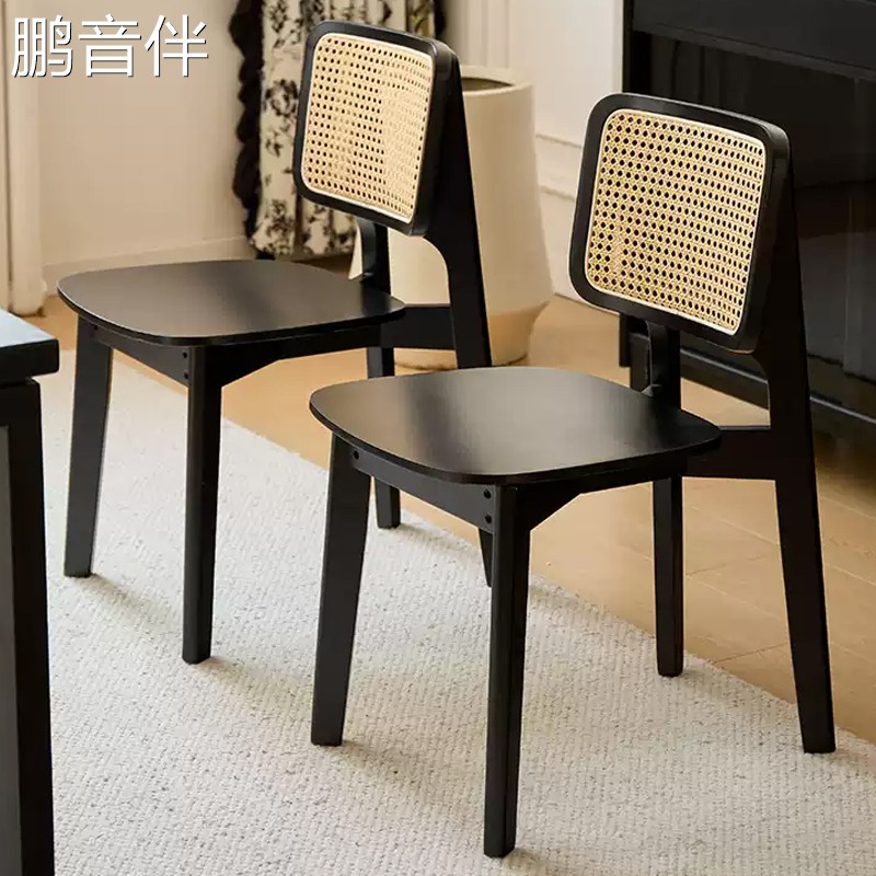 鹏音伴北欧实木餐椅现代简约复古靠背书桌椅子家用设计师黑色中古藤编椅摆件饰品