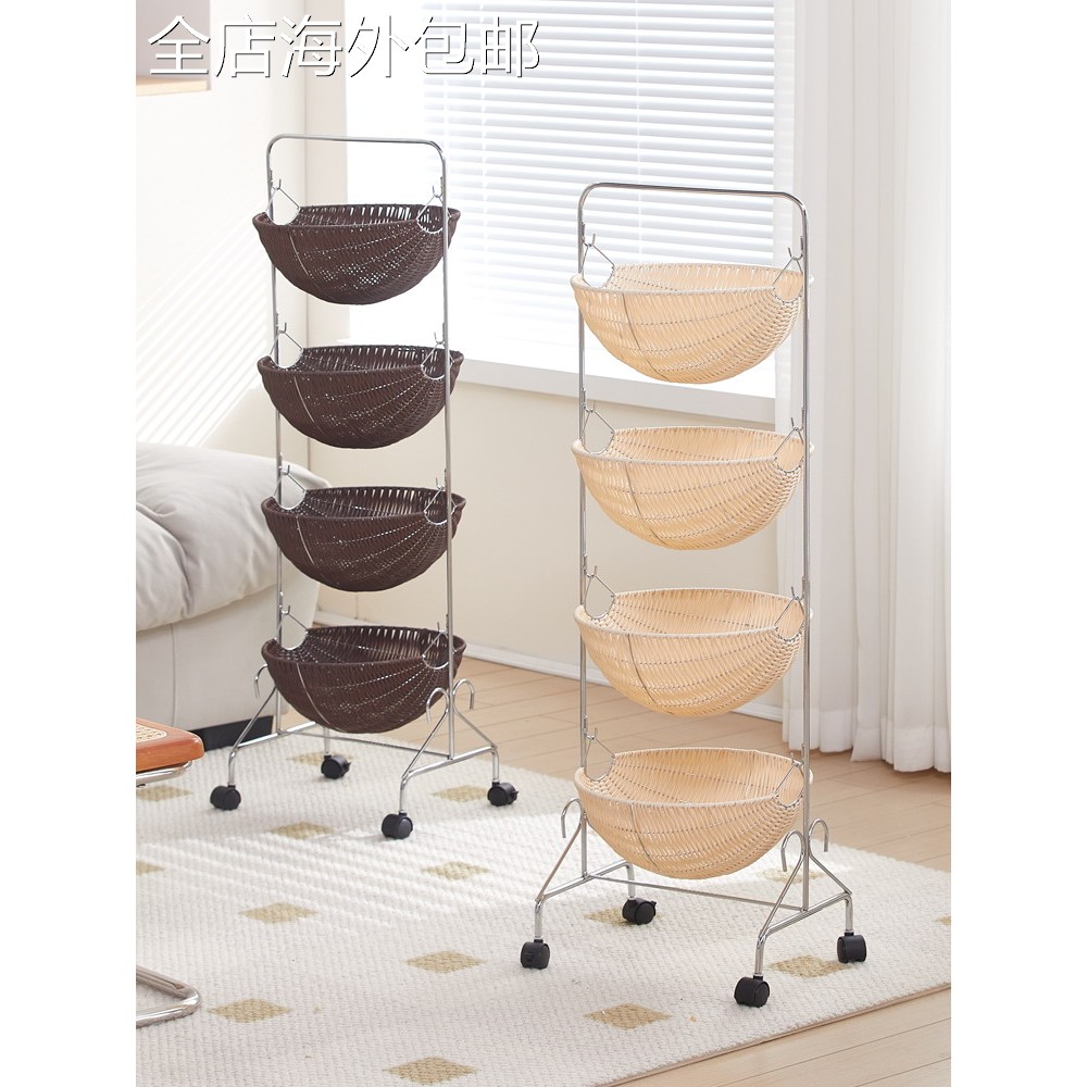 北欧厨房置物架可移动零食推车藤编多层家用叠放厨房储物收纳架