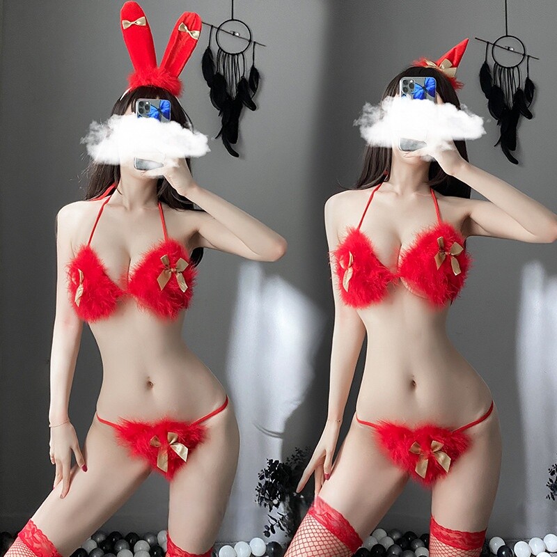 你的辣猫「绒兔奶盖」红色圣诞节兔女郎性感内衣内裤cos制服套装