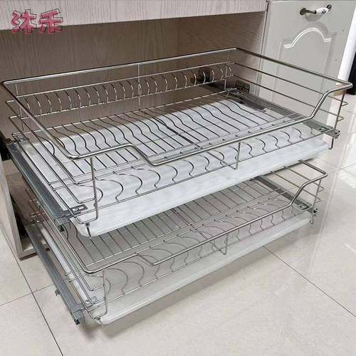 橱柜拉篮碗碟双层阻尼04不锈钢抽屉实心缓冲碗架拉篮碗拉篮厨房