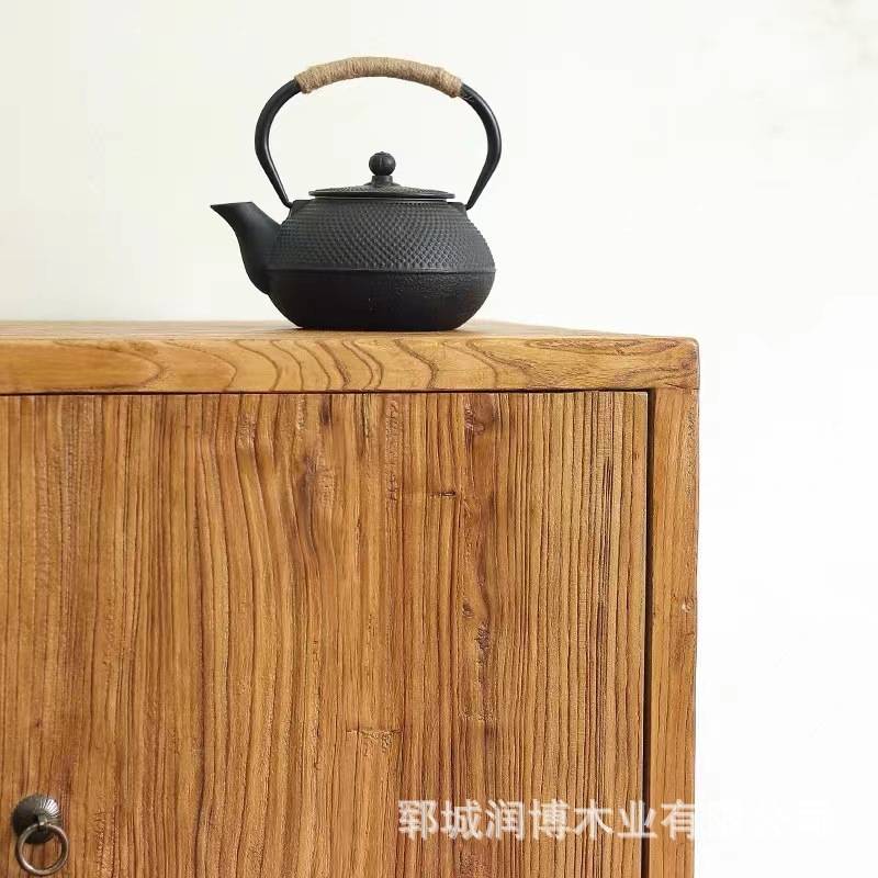 老榆木餐边储物柜客厅玄关柜新中式实木茶水柜老榆木茶桌茶台组合
