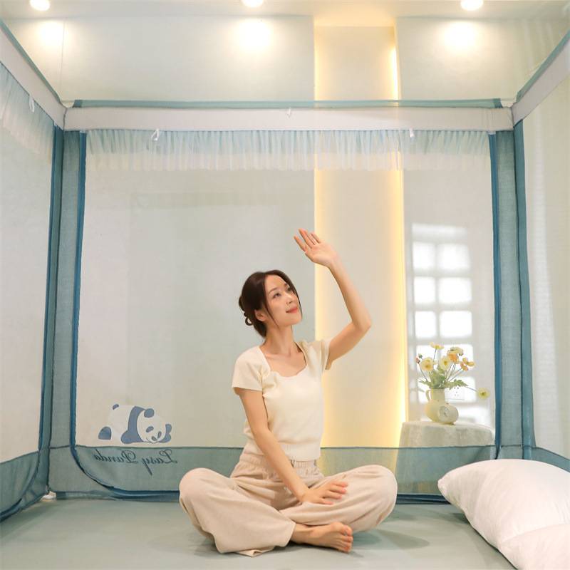 跨境家纺防蚊虫拉链坐床式蚊帐三开门全底蚊帐方顶拉链式宫廷蚊帐