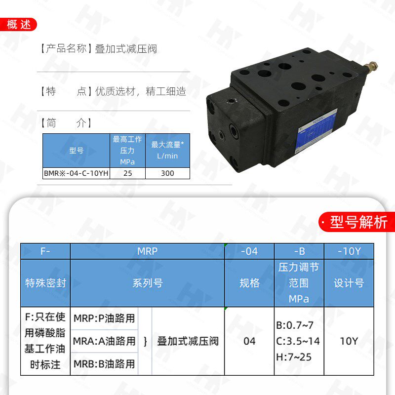YUKEN榆次油研叠加式减压阀MRP/A/B-04-B/H-10Y16通径油压调节阀
