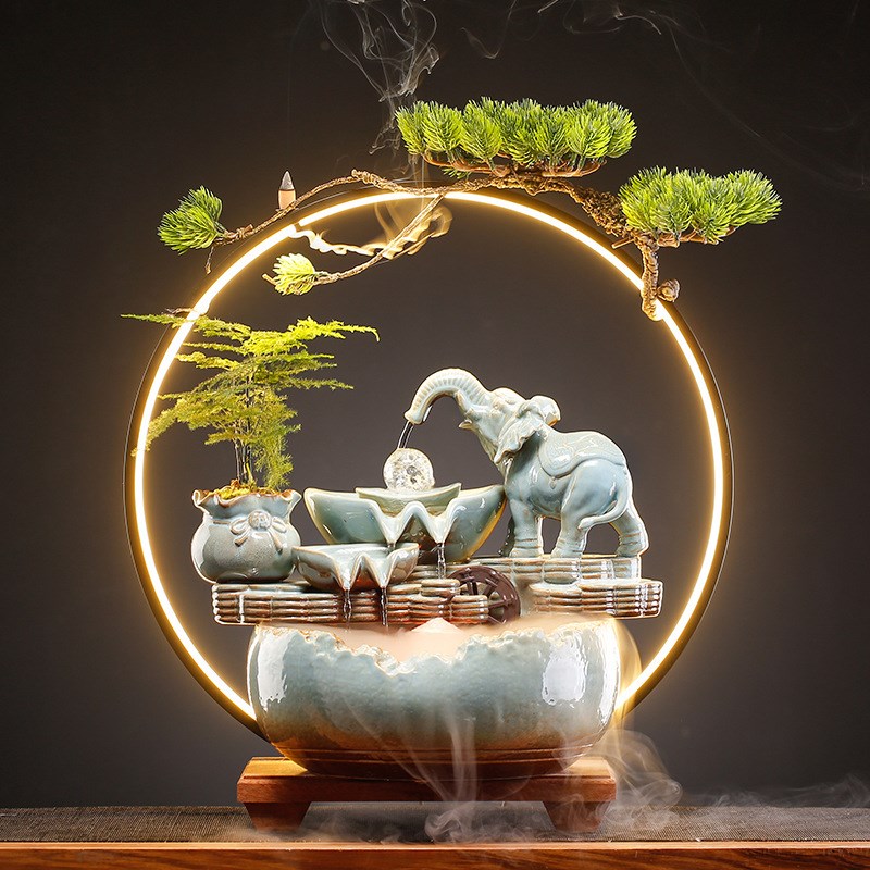 创意招财流水h摆件循环水转运球玄关办公室大象装饰品公司开业礼