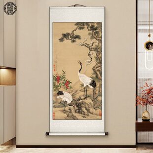 松梅双鹤图古画卷轴挂画新中式玄关装饰画客厅茶室竖版山水画国画