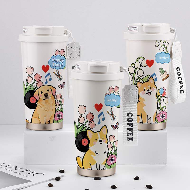 狗狗周边保温杯金毛柯基柴犬学生儿童卡通大容量不锈钢吸管水杯子