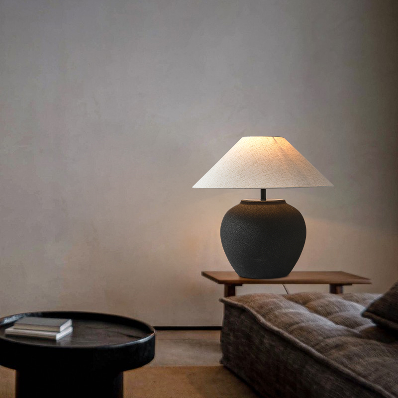 粗陶瓷台灯复古怀旧客厅卧室床头灯创意陶罐布艺灯罩侘Z寂风装饰