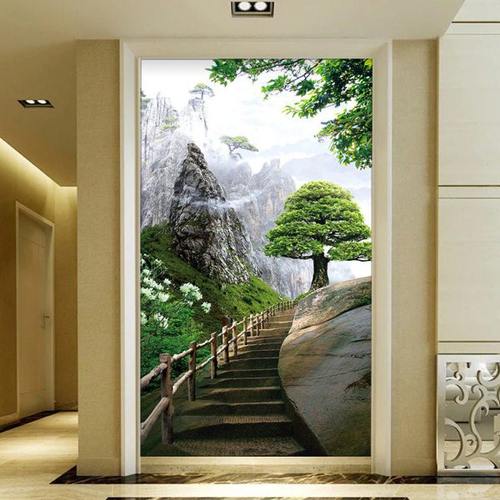 8D立体玄关过道走廊  黄山风景画迎客松小道定制背景墙纸壁纸壁画