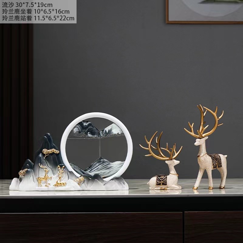 新中式流c沙画摆件创意轻奢鹿摆件电视柜客厅酒柜装3d立体流沙画