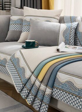 灰色毛绒沙发垫四季通用防滑高档皮沙发坐垫子盖巾北欧简约风格