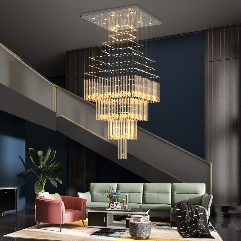 复式楼大吊灯现j代简约大气别墅大客厅楼中楼水晶方形楼梯间长吊