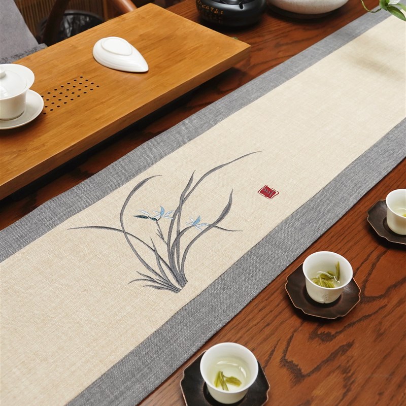 新中式桌旗禅意兰花刺绣茶几现z代简约茶台垫布艺长条桌布茶布茶
