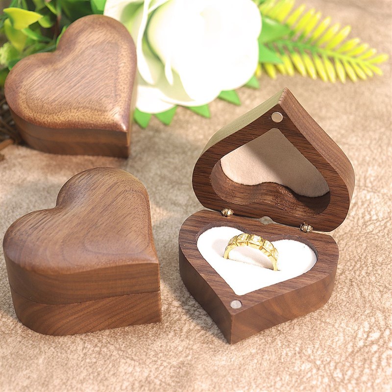浮雕爱心黑胡桃戒指盒q实木求婚戒指对戒盒礼品首饰盒饰品包装女