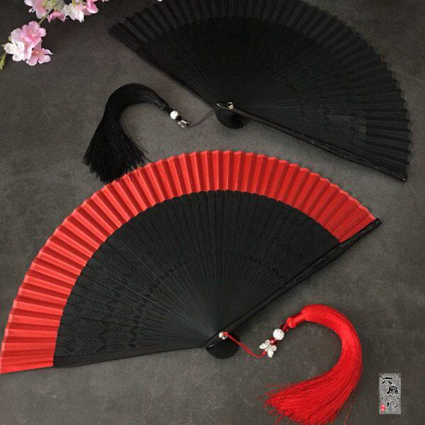 中国风复古风日式和风折扇子雕刻麦穗纯色红色女士舞蹈扇便携小夏