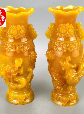 仿玉石原石仿古寿山石雕田黄石龙凤花瓶一对客厅装饰摆件