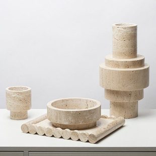 现代轻奢黄洞石花瓶摆件样板房售楼部大理石花器创意家居软装饰品