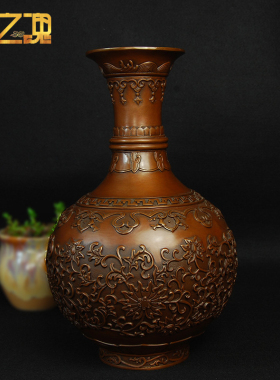 紫铜花瓶摆件 奢华m铜制客厅房间酒柜艺术中式复古仿古工艺品创意