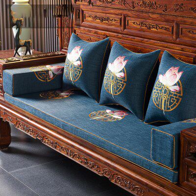 新中式红木刺绣沙发垫棉麻布料坐垫套罩老式四季通用高密度海绵垫