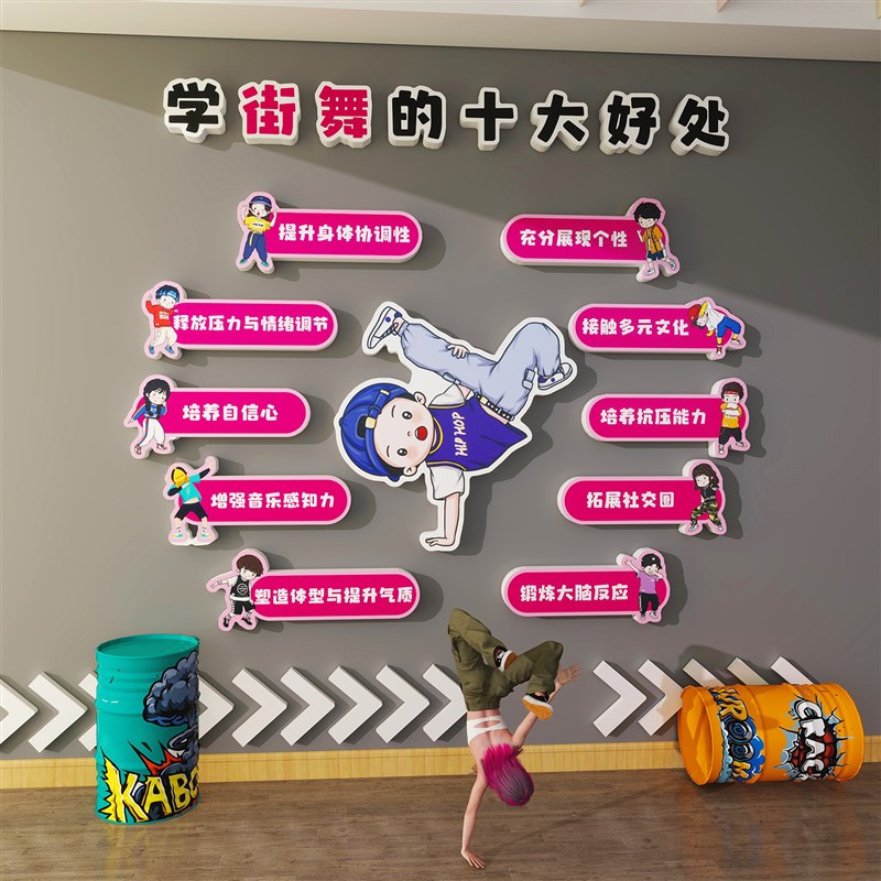 舞蹈教室墙面装饰布置街舞艺术学校E教育培训机构背景形象墙贴纸