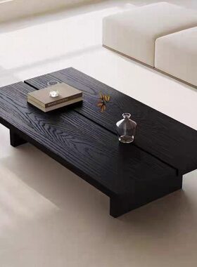 侘寂风实木茶几会客黑色长方形原木客厅小户型极简民宿矮木桌茶桌