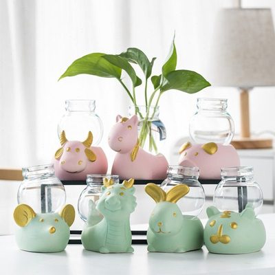 创意可爱动物绿萝水培植物插花花瓶玻璃透明养花容器桌面装饰摆件