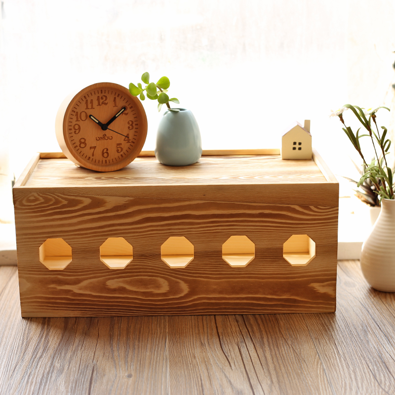 烧木色集线盒实木复古简约插排电线收纳K盒插座插线板盒电源线盒