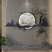 新中式 客厅玄关墙面装 饰迎客松带灯壁饰挂画沙发背景圆形铁艺挂件