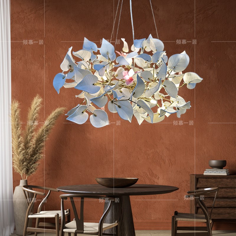 全铜陶瓷吊灯客厅餐厅灯轻奢别墅复式H新中式玉瓷叶灯树枝装饰吊