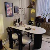 法式 中古风岩板餐桌半圆小户型家用奶油风岛台现代简约轻奢餐桌椅