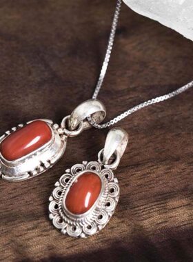 尼泊尔手工银饰品925镶嵌宝石吊坠女男款项坠民族复古民族风首饰