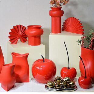 现代简约喜庆场景布置大红色抽象艺术陶瓷花器新店开业装饰品摆件